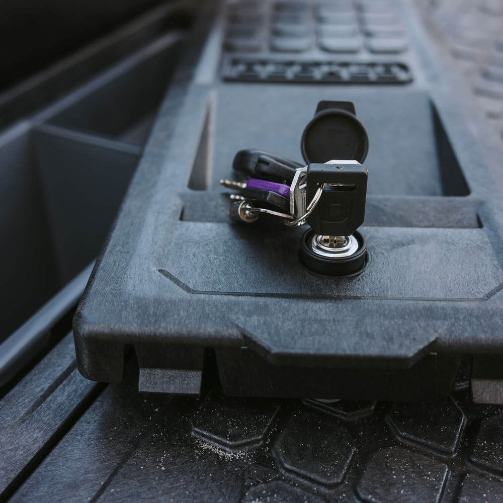 [A0062-LOCK, A0063-LOCK, A0066-LOCK, A0068-LOCK] Close-up of a set of keys that unlocked a stash bin lid on a DECKED Drawer System