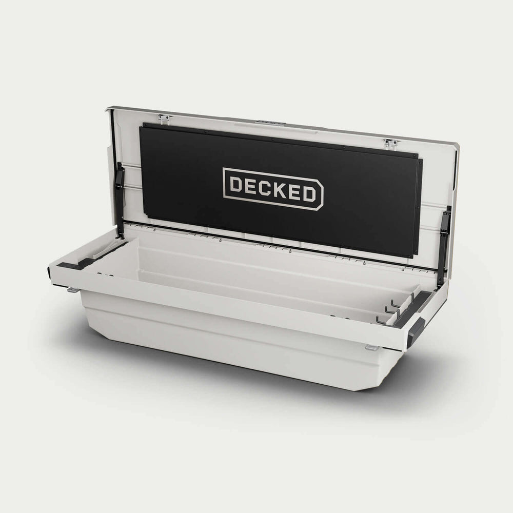 [DTB2-WHT, DTB2T22-WHT] White DECKED Tool Box with 'DECKED' branding on a white background