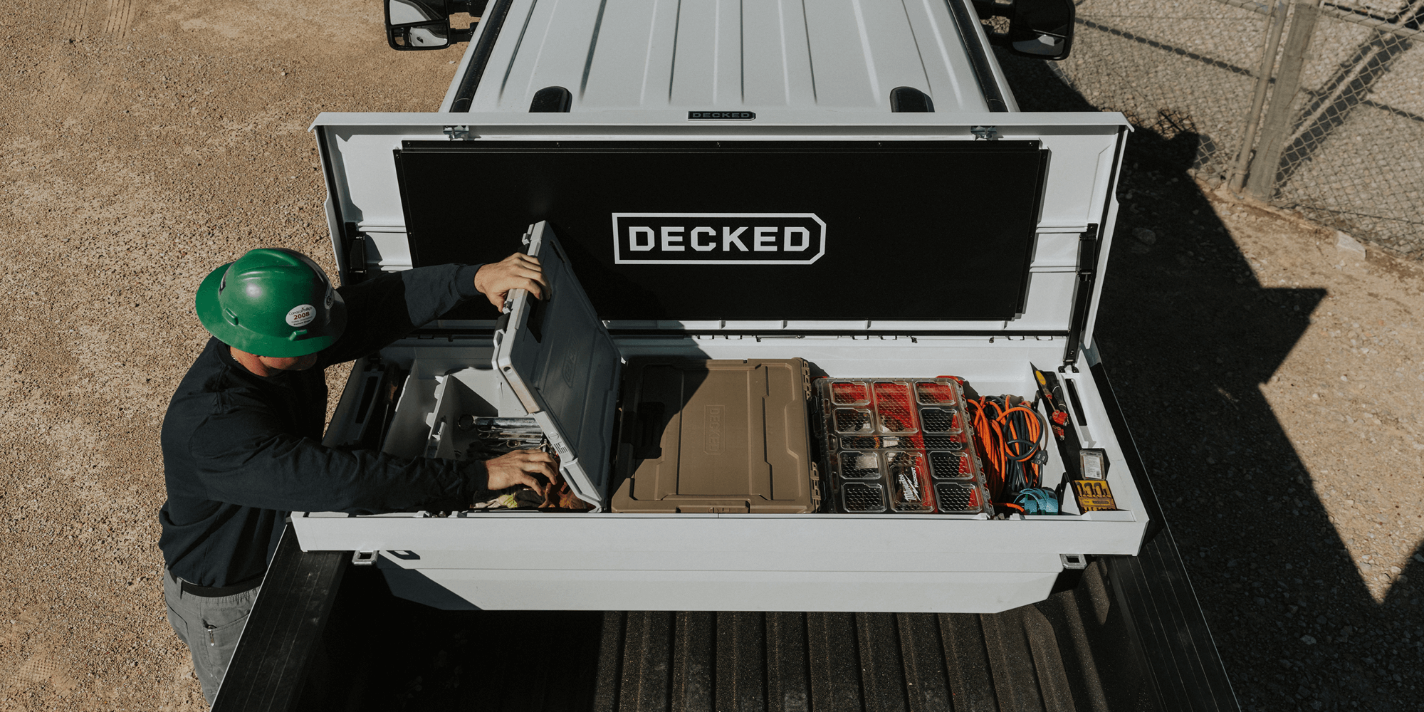 @expanded [DTB2-WHT, DTB2T22-WHT] Person organizing a D-co Case nested inside of a 'DECKED' Tool Box